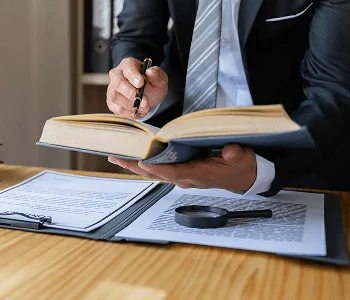 A person in a suit holds an open book with one hand and a pen in the other, with documents and a magnifying glass on a wooden table.