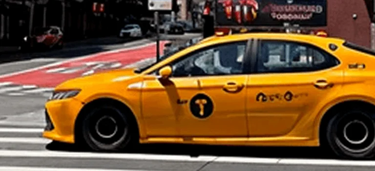 A yellow taxi cab driving on a city street, with pedestrians crossing and urban buildings in the background.