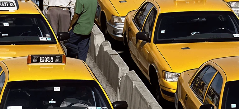 A busy parking area filled with yellow taxis, with people interacting near the vehicles under bright sunlight.