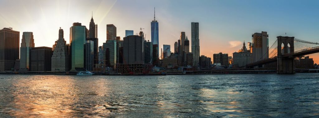 NYC skyline at sunset or sunrise